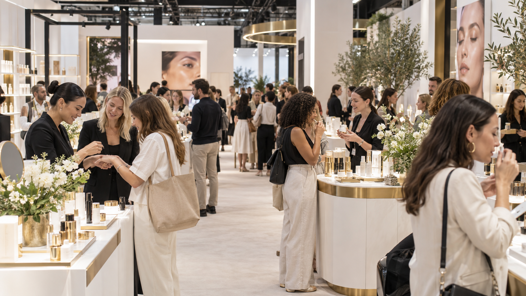 Visitors exploring white and gold beauty expo booths