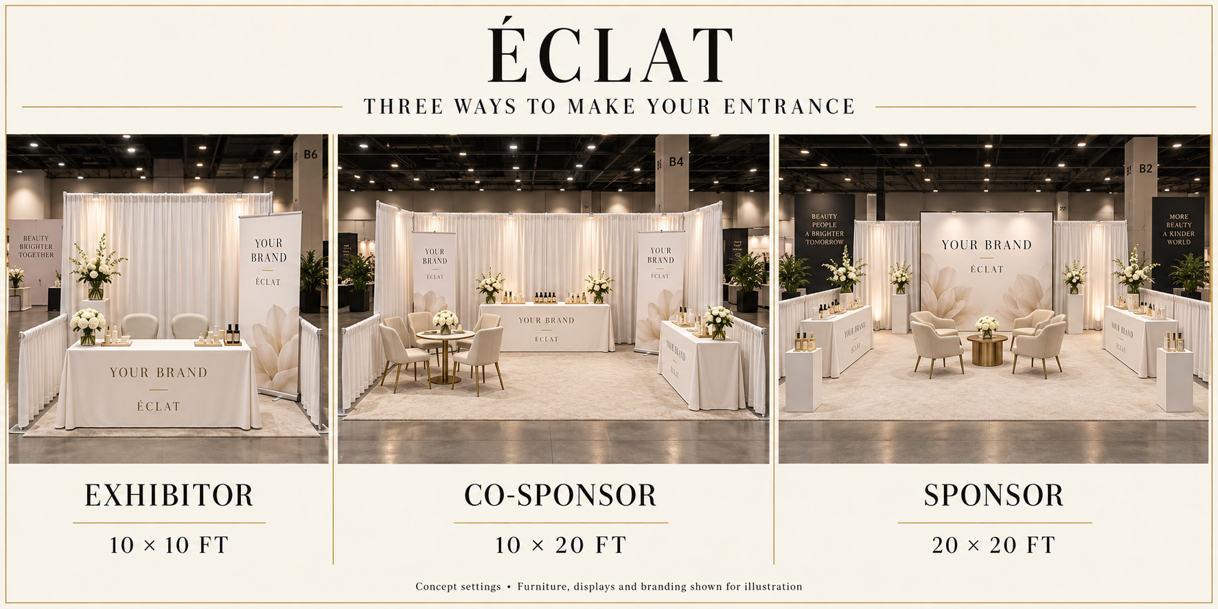 White booth concepts: Exhibitor 10 by 10 feet, Co-Sponsor 10 by 20 feet, and Sponsor 20 by 20 feet